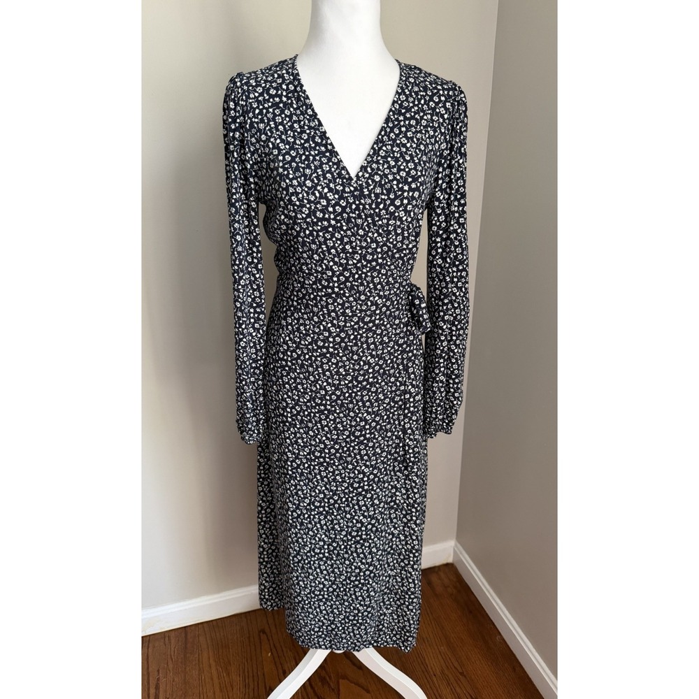 Reformation S Dress Wrap Midi‎ Long Sleeve Navy Floral Feminine Career Classic